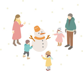 アイソメトリック　冬　雪　遊び　家族　ファミリー　キッズ　人物　男性　女性　子供　イラスト素材