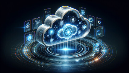Dynamic Cloud Security: Futuristic 3D artwork with glowing, encrypted shields and high-tech monitoring.