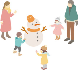 アイソメトリック　冬　雪　遊び　家族　ファミリー　キッズ　人物　男性　女性　子供　イラスト素材