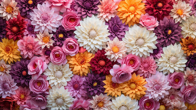Flowers wall background with amazing red orange pink purple flowers