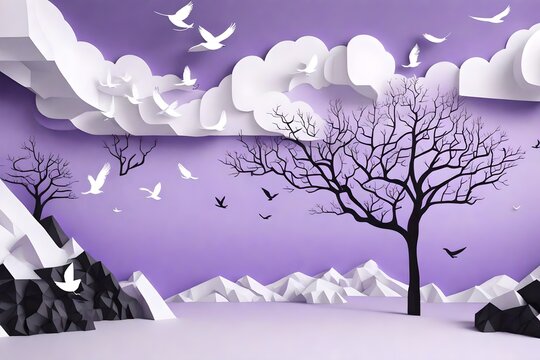3d mural wallpaper . mountain , white birds in sky with black tree in clouds . light purple background .nvisually expand the space in a small room, bring more light and become an accent in the interio © MISHAL
