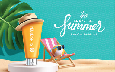 Summer sunscreen podium vector banner design. Summer greeting text with sunblock lotion in podium stage for tropical season product presentation design. Vector illustration enjoy summer promotion 