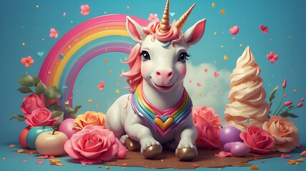 unicorn and rainbow with flowers 