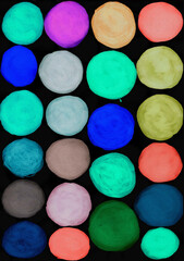 Set of watercolor circles of blue, green, red, brown, mustard, mint colors isolated on black background - 732317693