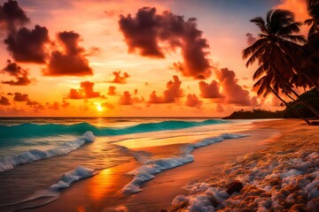 Fototapeta na wymiar Vibrant sunset at caribbean island beach