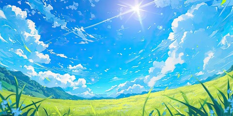 Beautiful day in anime style. Manga weather cloudscape, bright light. Summer sunny background. freedom flat, panorama daylight scene. AI generated