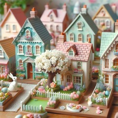 Close-up of a quaint Easter village scene with pastel-colored cottages and blooming gardens Charming and nostalgic Perfect for creating a whimsical Easter atmosphere 