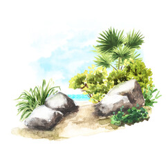 Sea shore.  An element of tropical nature.  Hand drawn watercolor illustration isolated on white background