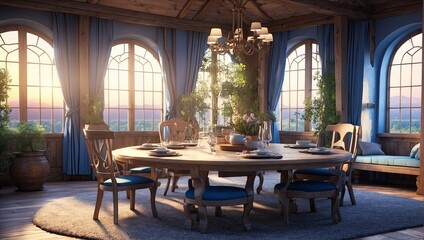 Obraz premium Interior traditional house, traditional room with dining table for eating together. 