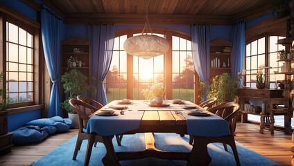 Fototapeta premium Traditional design room interior with dining room on middle, with background of beautiful sunray