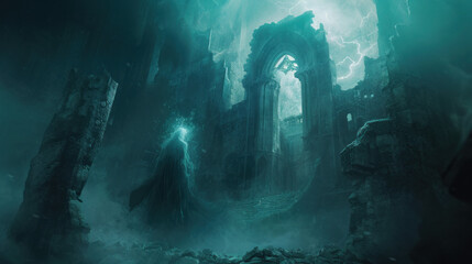 Mystical ghostly figures in ancient ruins under stormy skies. Fantasy and storytelling.