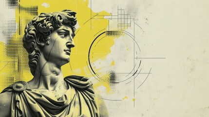 Antique statue of roman or greek culture. Vintage renaissance head halftone male sculpture, abstract ancient classic collage. Creative portrait. AI generated