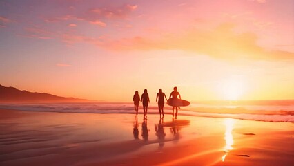 Young group of friends walking along the sandy beach near the ocean at sunset with surfboards, outdoor activities and sports holidays. High quality 4k footage