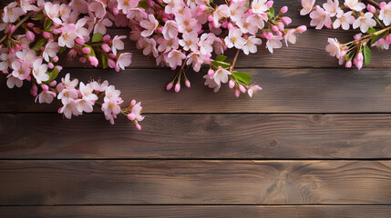 Naklejka na ściany i meble Spring banner pink blossoms on wooden plank background