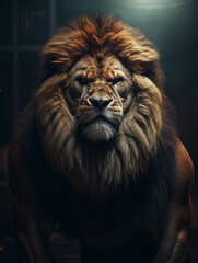 Portrait of a strong roaring male lion in a gym. Bodybuilding concept. 
