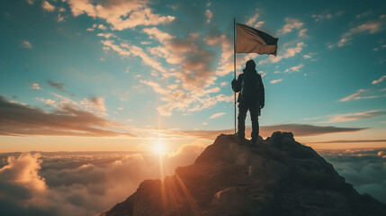 Silhouette Victorious male person standing on mountain, Positive man celebrating, success 