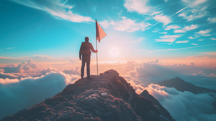 Silhouette Victorious male person standing on mountain, Positive man celebrating, success 