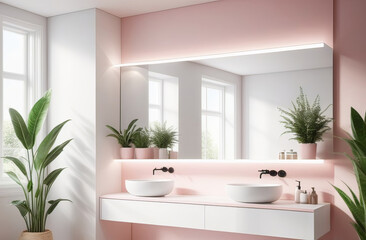 elegant and stylish interior of modern bathroom in natural pink colours