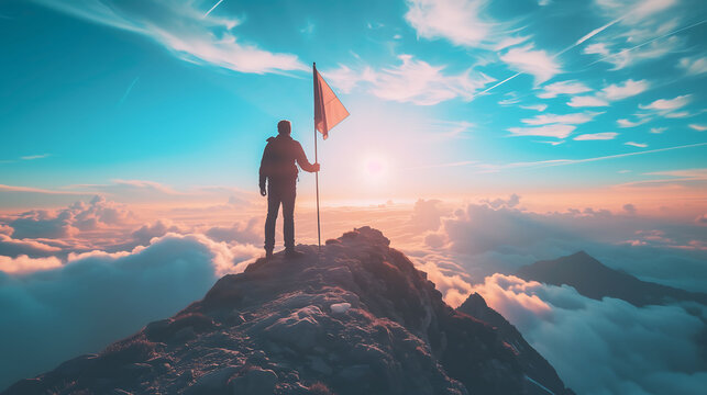 Silhouette Victorious male person standing on mountain, Positive man celebrating, success 