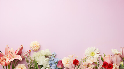 Obraz na płótnie Canvas Colorful flowers arranged in a frame on a soft pink background