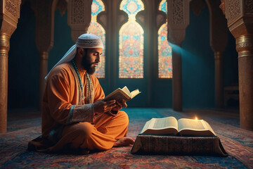 higher-ups, 8K Ultra HD, fantastic full color, different Muslim guy holding prayer beads and reading from the Quran