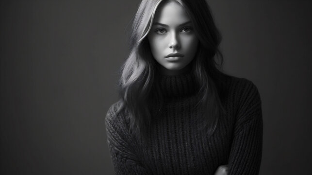 retrato editorial, vestido con ropa blanca y negra, fondo gris, fotograf&iacute;a en blanco y negro de ultra alta resoluci&oacute;n, blanco y negro