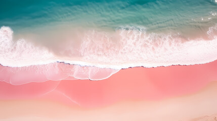 Fototapeta premium Sandy beach with light blue transparent water waves and sunlight, tranquil aerial beach scene