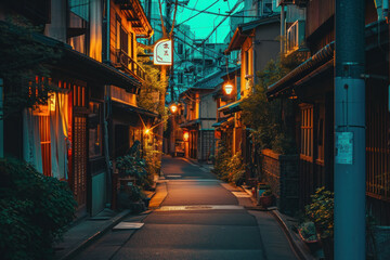 Fototapeta na wymiar Quiet evening street in traditional Japanese district. Travel and culture.