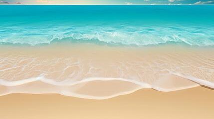 Fototapeta na wymiar Sandy beach with light blue transparent water waves and sunlight, tranquil aerial beach scene
