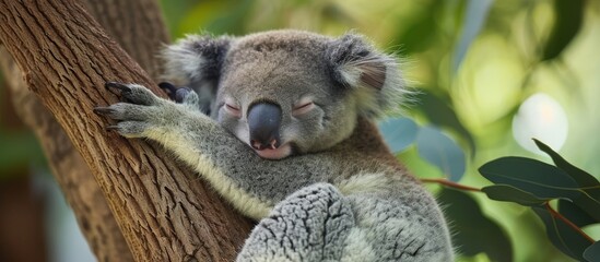 A terrestrial animal, the koala bear, with fur, is peacefully seated on a tree branch, surrounded by grass and plants.