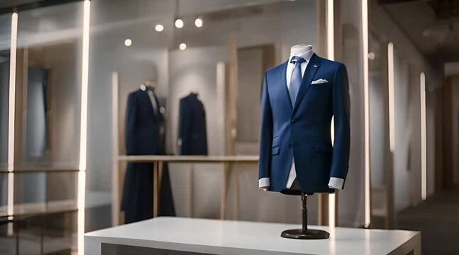 A professional, dark blue men’s suit shirt displayed on a mannequin in a studio setting