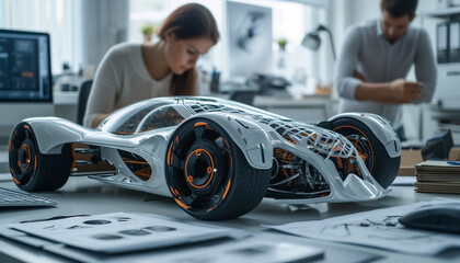 Engineers designing models of futuristic car in the office room