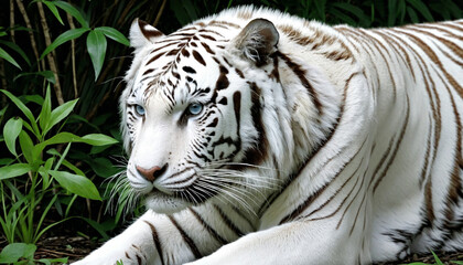 Naklejka premium White tiger in the jungle, wallpaper - majestic tiger 