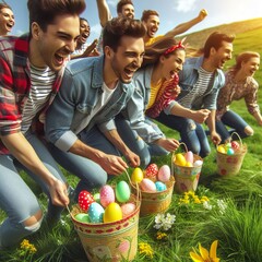 Close-up of a joyful Easter egg roll competition on a grassy hillside Energetic and festive Perfect...