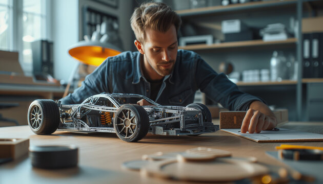 Engineers designing models of futuristic car in the office room