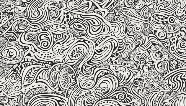 Abstract black and white line doodle seamless pattern. Creative squiggle style drawing background, trendy design with basic shapes. Simple hand drawn wallpaper print texture.	
