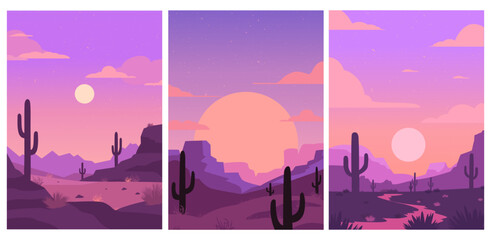Set of desert landscapes with cacti, cloud, moon. Beautiful scenery vector graphic for travel poster in retro style. For poster, card, banner, cloth design ideas. Sunset in canyon. Hand drawn.