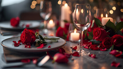 Obraz na płótnie Canvas A scene of a beautifully set romantic dinner table with roses and textured warm-toned tableware, table setting for a romantic dinner table with roses, AI generated