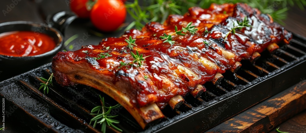 Poster A close up of ribs on a grill with tomatoes and ketchup, a mouthwatering dish made with pork, beef, and plum tomatoes, served with delicious tableware.