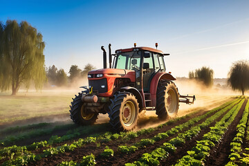 A tractor plowing a field on a sunny day