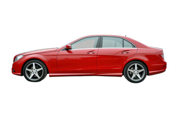 Red sedan car, side view, cut out - stock png.