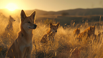 Dingo family standing in front of the camera in the rocky plains with setting sun. Group of wild...