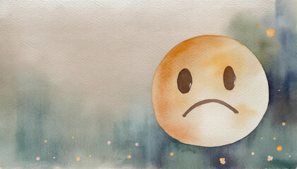 Sad face icon, watercolor art, canvas background, copy space on a side