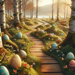 Close-up of a festive Easter egg hunt trail winding through a picturesque woodland filled with budding trees and chirping birds Adventurous and scenic Perfect for depicting outdoor Easter activities 