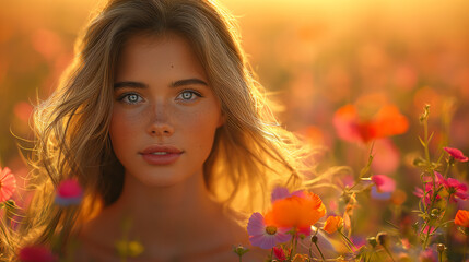 Fototapeta premium Radiant Young Woman in a Sunlit Field of Wildflowers