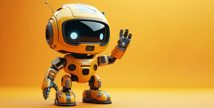 A friendly 3d robot character waving to the camera. 3D Rendering style illustration