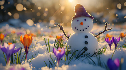 Snowman on a meadow with grass and spring flowers growing through the melting snow. Concept of spring coming and winter leaving.