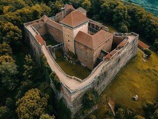 Drone shot of a historic castle fortress surrounded by tall walls