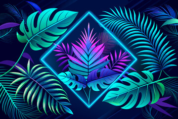 Fototapeta na wymiar Neon Light with tropical leaves, Generative AI