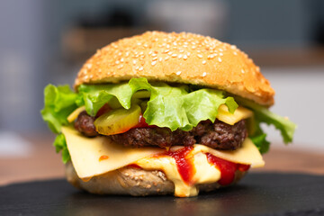 Close up of home made burgers with salad and tomatoes